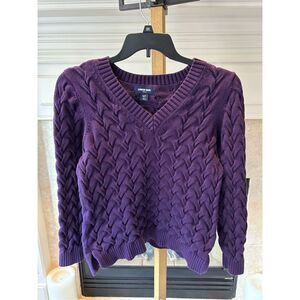 Lands’ End Drifter Women’s V Neck Chunky Cableknit Sweater Purple Size S/P (6-8)